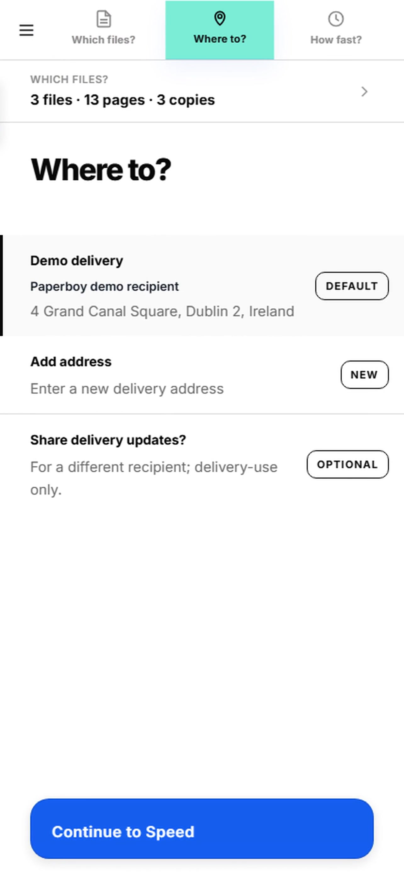 paperboy app delivery screen showing three files ready for a one-hour delivery